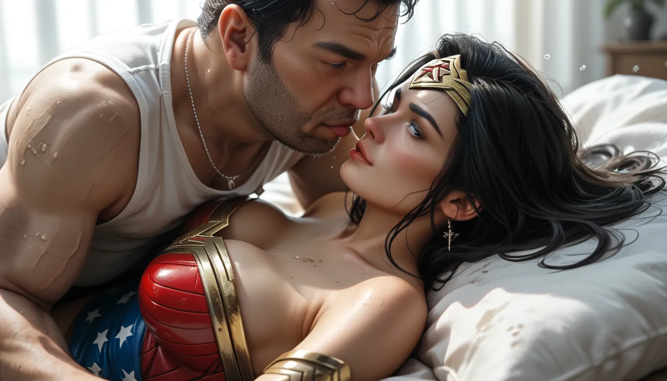  Wonder Woman Lying On Her Back、open your kiss partner's mouth wide、(((spit falling in a straight line from directly above to Wonder Woman's face)))、Beautiful Wonder Woman Getting Dirty By A Very Fat Ugly Man、Depict phlegm dropped between Wonder Woman's ey...