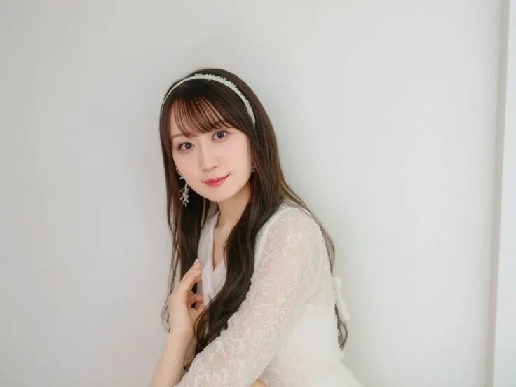 "Portrait of a young Japanese female singer for a CD cover, standing confidently in front of a minimalist, soft-colored background. She has long, dark hair styled in loose waves and is wearing a stylish, modern outfit with subtle details like lace or sequi...