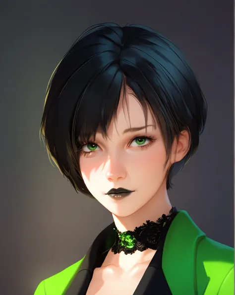 extremely detailed CG, high resolution, best quality, masterpiece, single woman, pale skin, shego (kim possible), green eyes, (beautiful detailed eyes: 1.4), black hair, black lipstick, black and green monosuit, natural pose, secret base