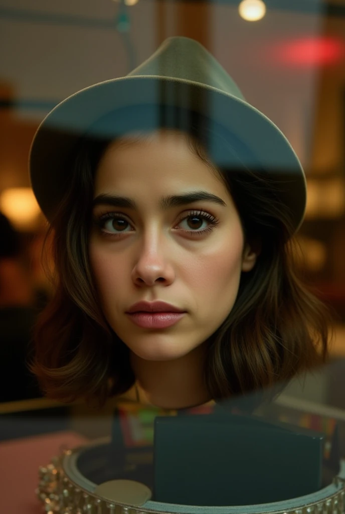 Photo of pretty 20 year old woman's disembodied head sitting in the window pane of a hat shop. Dark brown, medium lenth hair. She is wearing a hat. Upset facial expression. Gorgeous face. Latina. She has an expressive annoyed face. Disembodied head sitting...