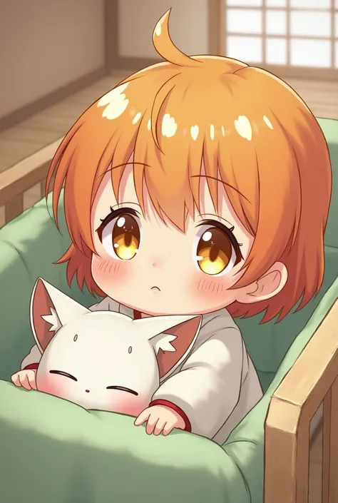 anime baby girl, golden eyes, orange short hair,The white tips of the hair, Ropita by Kinomo light green, small,In his crib, With a sleeping white fox 