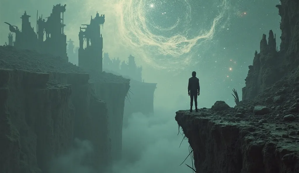 A person standing at the edge of a cliff, watching the structures of their past—represented as crumbling buildings—falling away into the abyss, as cosmic energy pushes forward in the background.