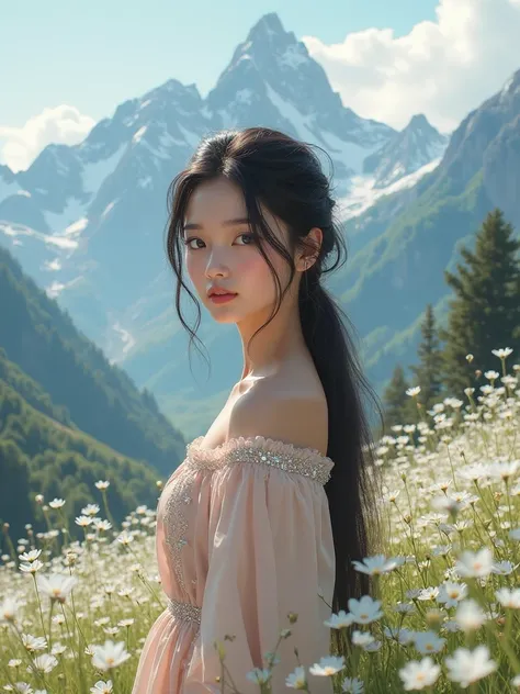 A 25 years old European woman who has long black hair in a ponytail, has shady blue eyes and pale white skin, she has thin lips, and soft smile. She is wearing crystals pastel dress, in a beautiful meadow with white flowers all around and silver mountains ...