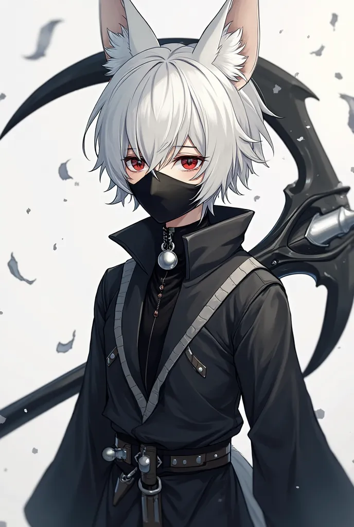 ( human half fox boy with a White fox tile and ears black  clothes/white hair cover face/ black collar with silver bell/ black face bandana/big black sickle on the back