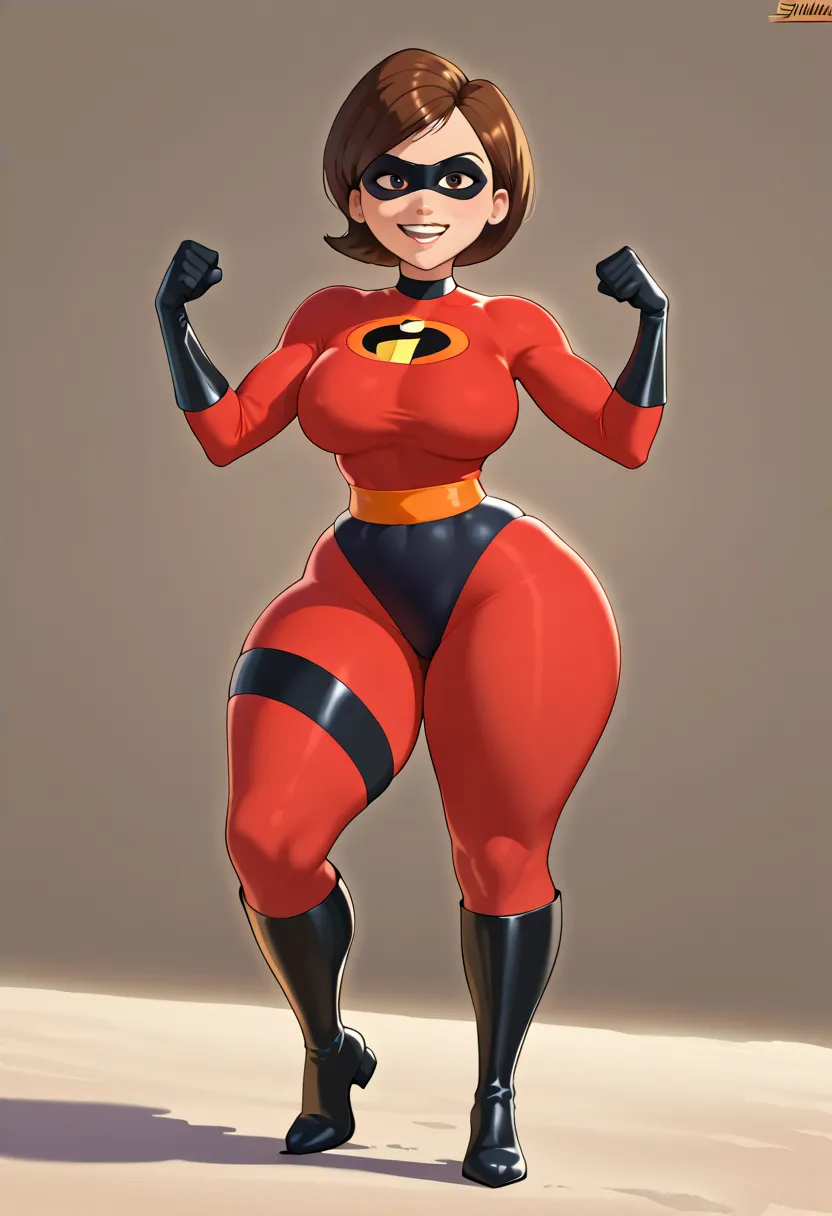 score_9, score_8_arriba, score_7_arriba, 3lastic g1rl ,Pixar, hero pose ,open legs,1 girl, Alone ,Brown hair, Short Hair, domino mask,  sarribaerhero,  red,  black gloves , seals, looking at the spectator,  smile, squinting eyes, big breasts,  sideboob, wi...