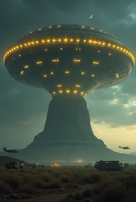 Huge Alien mothership high over, Devil's Tower in Wyoming in High Definition 4K realistic with yellow orbs and military osprey flying over and landing at night with Army Humvees  