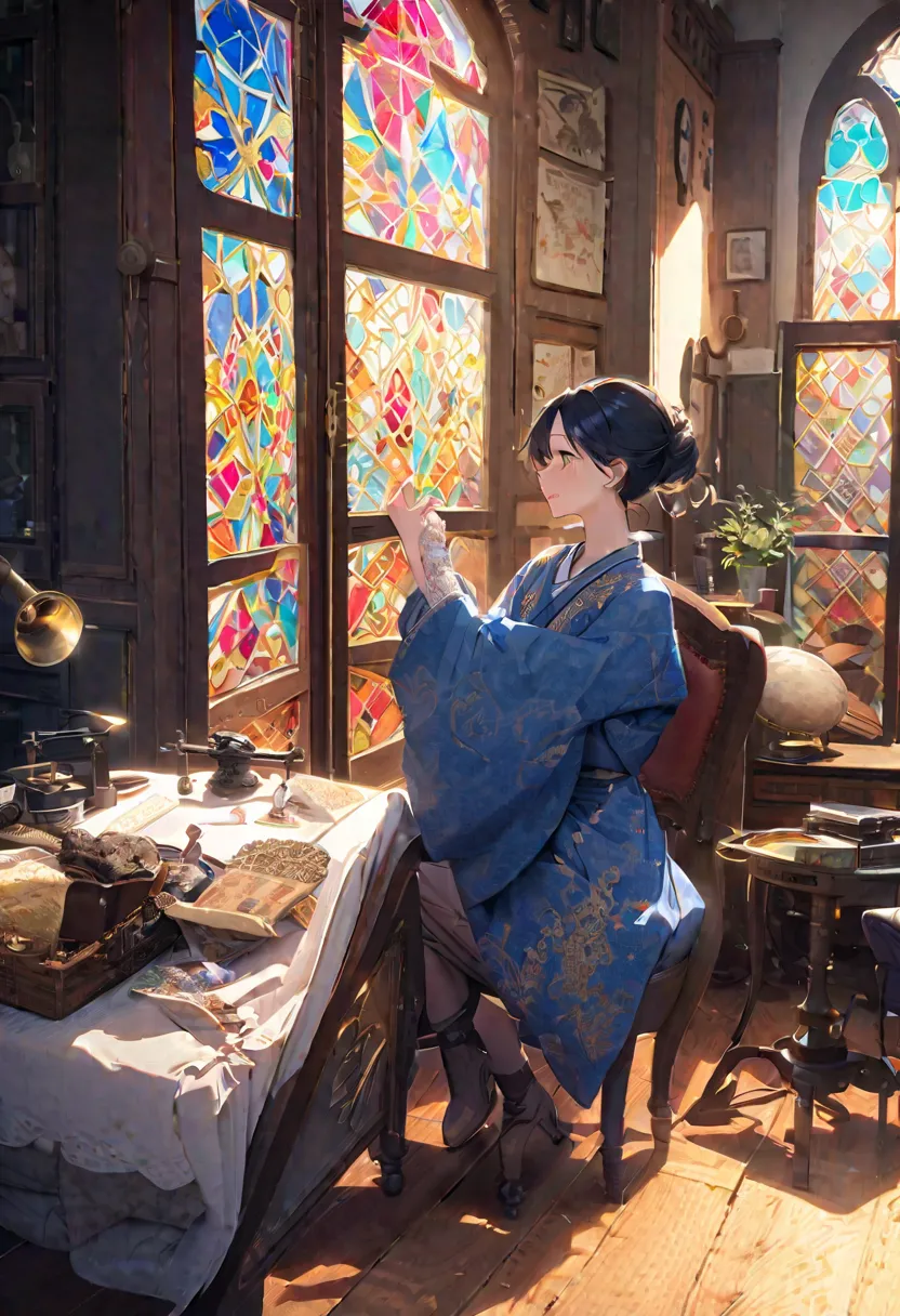 "In a cozy Taisho-era café, a young woman wearing a blue kimono with beautiful gold embroidery and lace gloves reaches out towards the stained-glass window. Sunlight filtering in through the glass casts colorful patterns on the wooden floor. The room is fu...