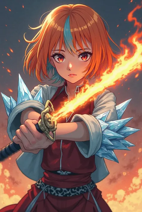 anime style、 high school girl、orange and light blue hair、bob hair、 red and blue odd-eye、Hold up a sword with flames、 sharp expression in the background、Wear ice on your arms