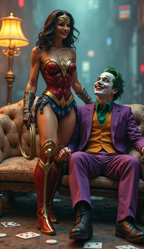 wonderwomen and joker are laughing and drinking whiskey 