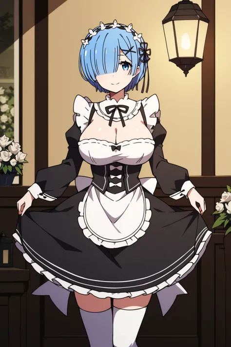  score_9,  score_8_up,  score_7_up,  source_anime, Rem,(big breasts:1.6),  blue eyes,  Lantern,  hair over one eye , hair ribbons,  short hair, x hair ornaments close to the garden, big breasts,, apron, black bow, black  dress, black ribbons, bow, detachab...