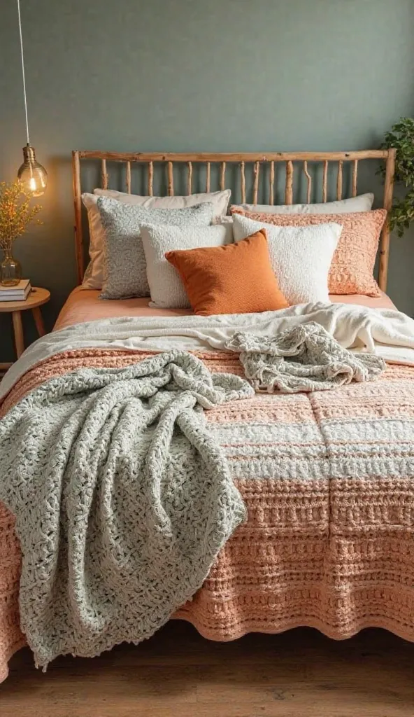 Nice stylish bed sheet design crochet with wool luxury small cute new leaves design on wool simple one bed sheet and separate different design green orange color full view pic full room view zoom out on bed simple fresh bright