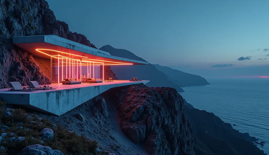 Futuristic architecture. Concrete. Night scene and light.
On the mountainside. Sea