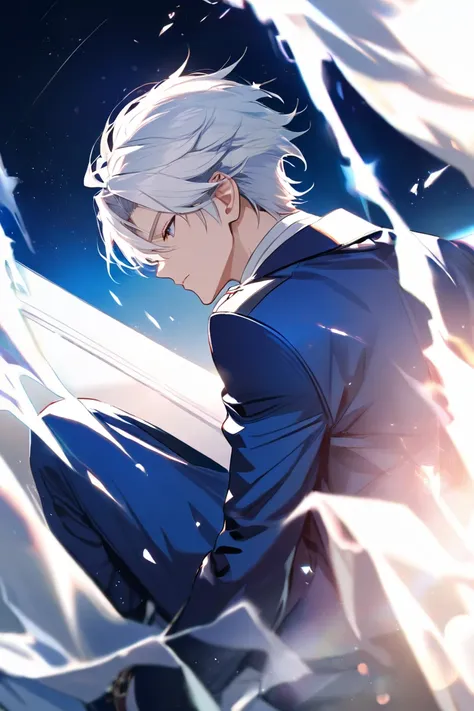 Boy in blue suit and white hair