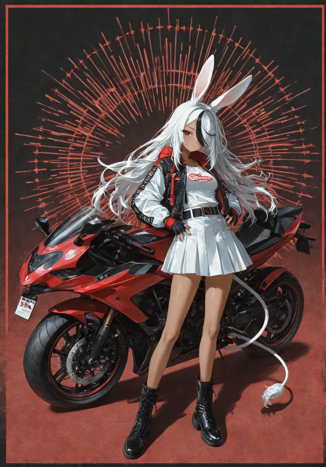  	Outstanding Performance,  Good qualityที่สุด, Good quality, (kumakuma:1.22), Racing suit, white_Theme ,  Sport motorcycle , 1girl, Rabbit ears , rabbit girl, red Eyes, dark-skinned woman, dark skin, Animal ears, white hair, white military uniform, white ...