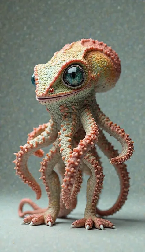 A highly realistic hybrid creature combining an octopus and a chameleon. This unique being has the flexible, color-changing skin of a chameleon, merged with the soft, textured body and tentacles of an octopus. Its eyes move independently, like a chameleon'...