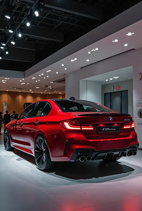 BMW M5 the 2025 park  showroom view red colour back view 