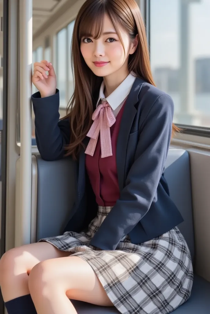  a picture of a high school girl riding a train  ,  realistic , 美しい女性face,     facing straight to the camera    :1.3,　 train seat in my skirt :1.5,   showing her full body in a string bikini  : 1 perfect anatomy   :1.21,    have small heads  :1.21,  thin l...