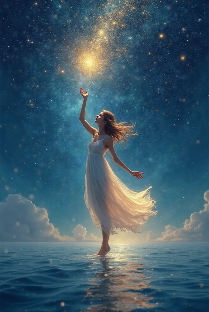 dreamy digital painting of a graceful girl lifting her hand toward the stars, bending their light like gravity, symbolizing her celestial influence. The sky is a deep cosmic blue, swirling with golden and silver constellations that seem to move around her....