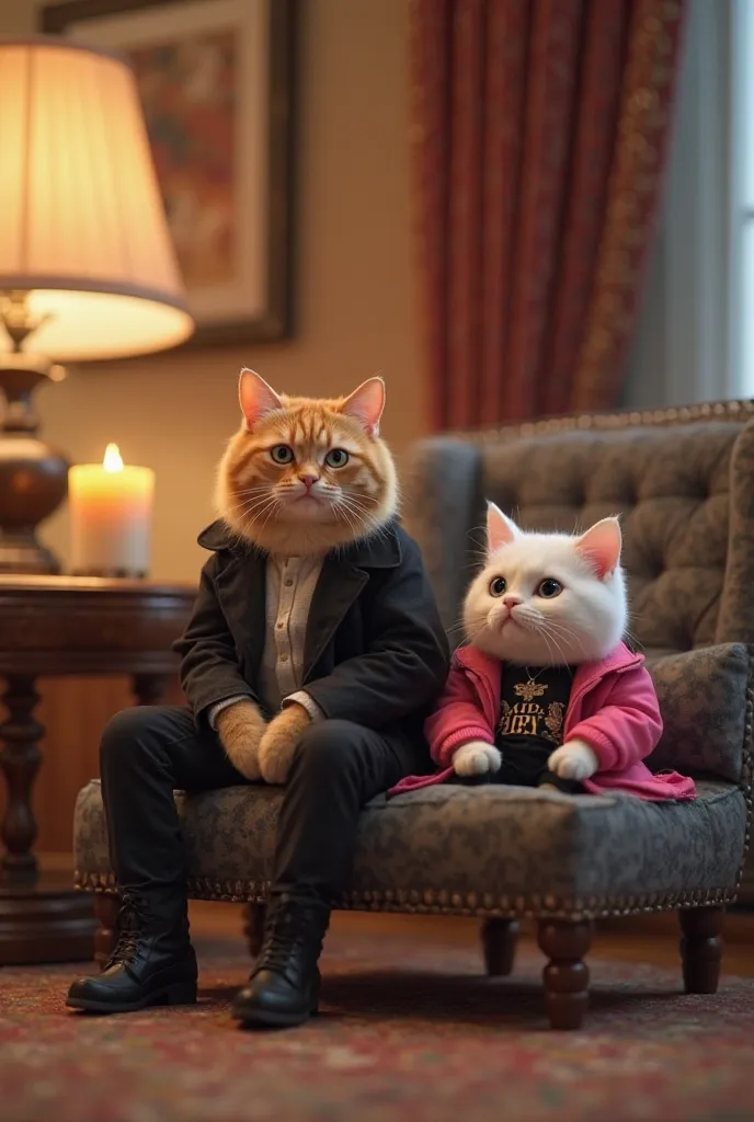 Generate a high quality 3D image:An orange cat wearing black coat White shirt and black pant and sitting on chair and in front of him a candle on table and a white cat that wearing pink jacket black t-shirt and black pant is sitting on other chair beside o...