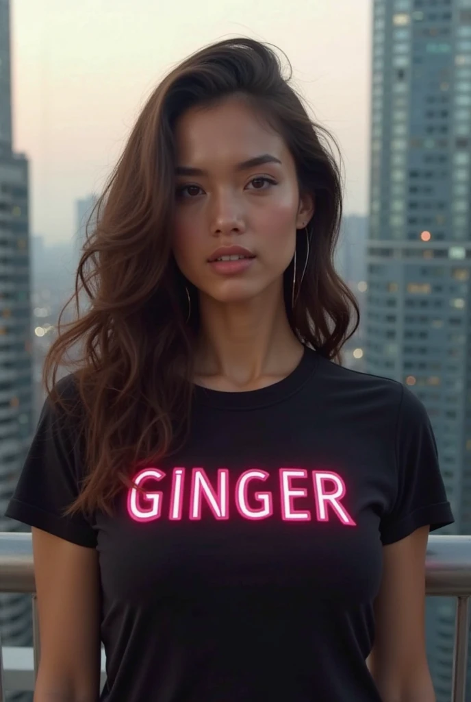 create high-quality realistic image, a beautiful girl wearing a black t-shirt with her name “GINGER” written in bold and neon effect, beautiful woman with beautiful body, big breasts, background in skyscraper, the environment is pale.