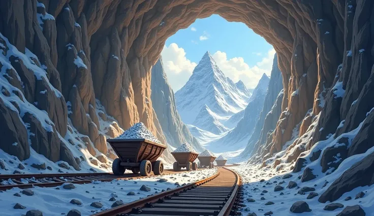 Design an image of a silver mining tunnel where silver ore is being extracted from the mountain walls. The tunnel should be well-lit, with cartoonish silver veins visible in the rock. Mining carts are moving along wooden tracks, carrying the precious silve...