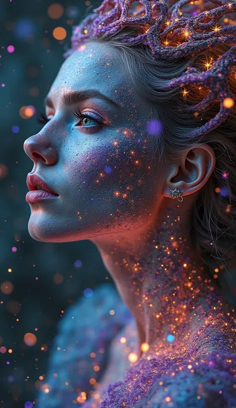 absurdres, highres, ultra detailed, HDR, master 
, best quality, fantasy color galaxy, psychedelic style, iridescent, veil between dimensions, 1 female , portrait,high contrast,seer, oracle, tarot cards, 