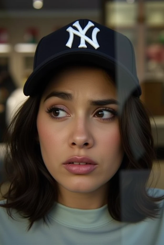 Photo of pretty 20 year old woman's disembodied head sitting in the window pane of a lids store. Dark brown, medium lenth hair. She is wearing a yankees baseball cap. Upset facial expression. Gorgeous face. Latina. She has an expressive annoyed face. Disem...