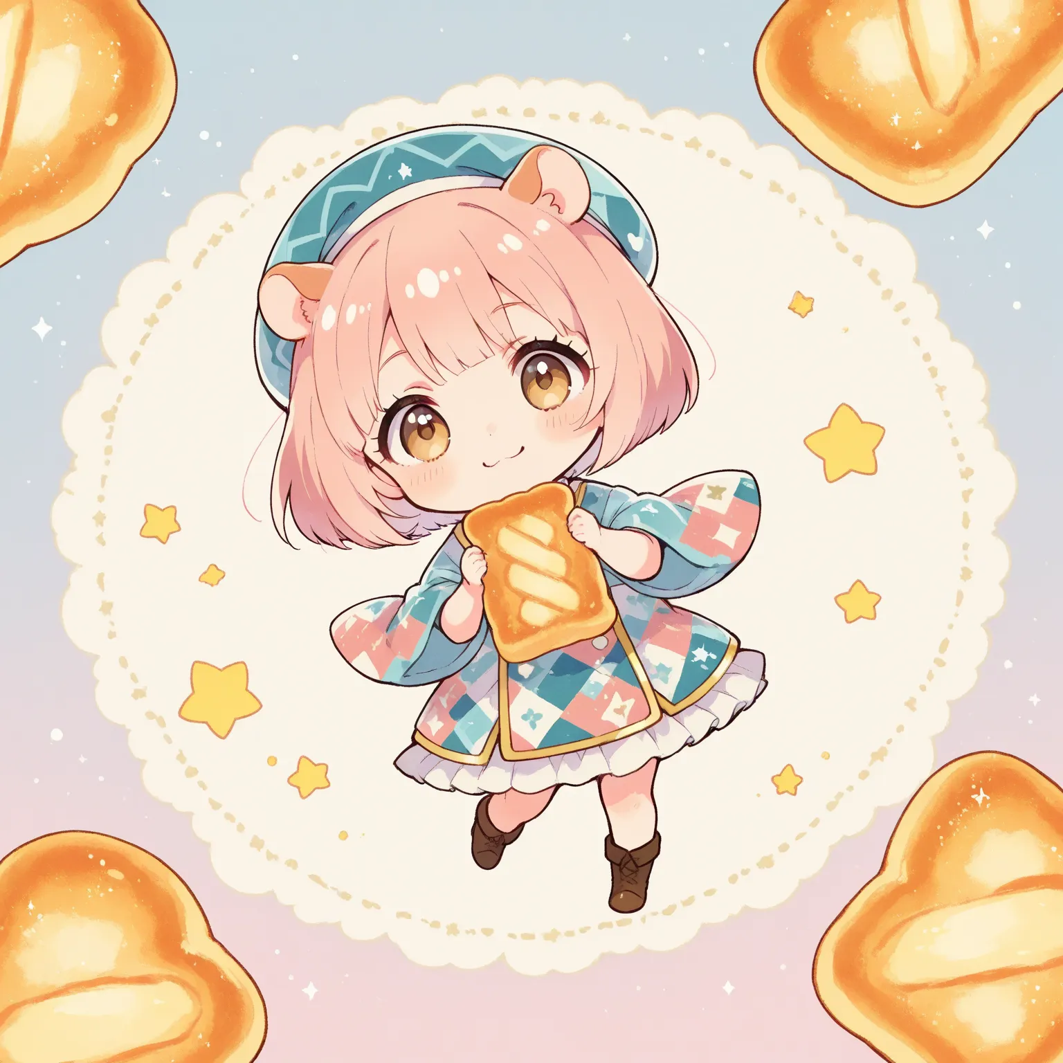 cute illustration,(Hamuko-chan,hamster girl,chibi,light brown eyes,((light pink hair : bob cut hair:1.3),(Nordic pattern clothes and hat),hamster ears),dynamic pose,best composition,she has bread,Soft and delicious bread,french bread,🍞,🥐,🥖,((hamster:🐹:1.3)...