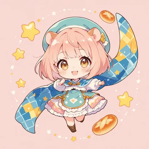 cute illustration,(Hamuko-chan,hamster girl,chibi,light brown eyes,((light pink hair : bob cut hair:1.3),(Nordic pattern clothes and hat),hamster ears),dynamic pose,best composition,she has bread,Soft and delicious bread,french bread,🍞,🥐,🥖,((hamster:🐹:1.3)...