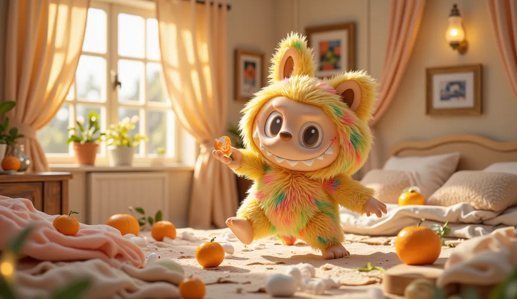 labubu dance and eat orange in bedroom