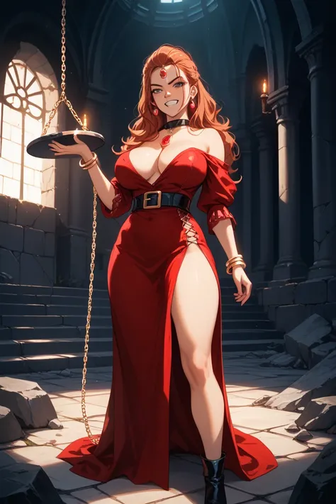 "A dark erotic fantasy illustration set in a gloomy dungeon: Jessica Albert from Dragon Quest 8, a 17-year-old female mage with long reddish-brown twin tails, voluptuous figure, wearing a disheveled red dress with a low neckline exposing her ample chest. S...