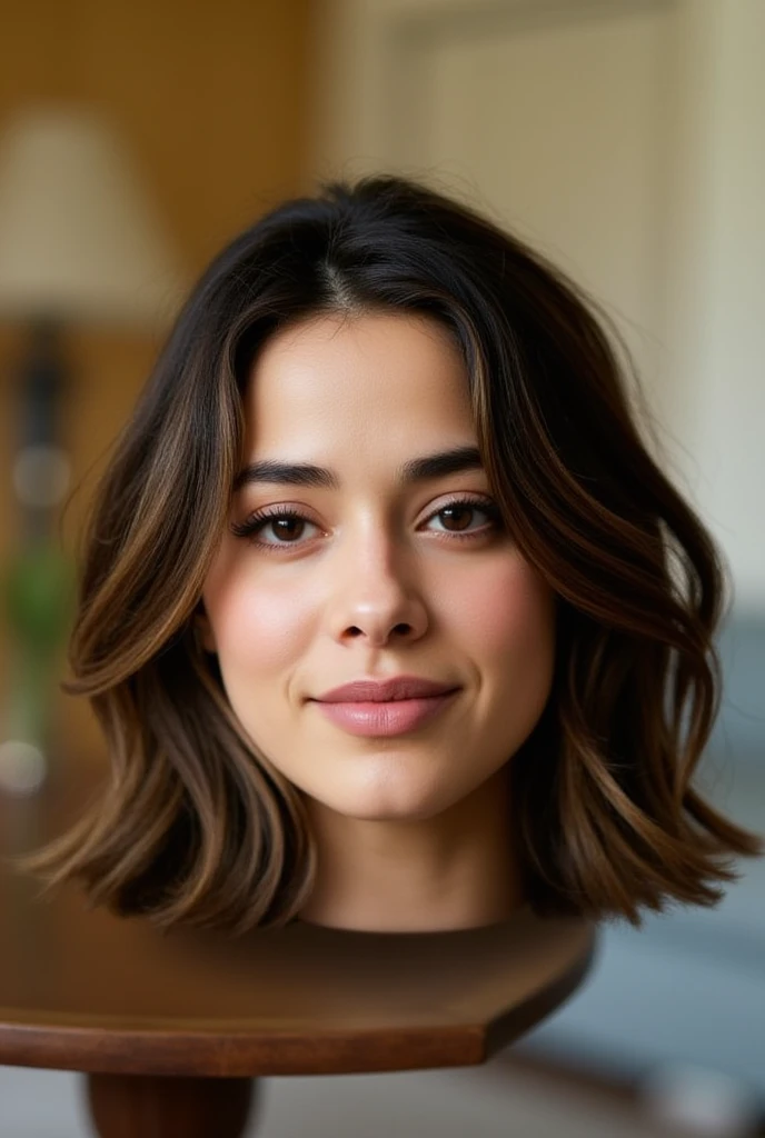 Photo of pretty 20 year old woman's disembodied head sitting on a table. Medium lenth hair. Satisfied facial expression. Gorgeous face. She has an expressive smug face. Disembodied head sitting on table. Natural lighting. Living room background.
