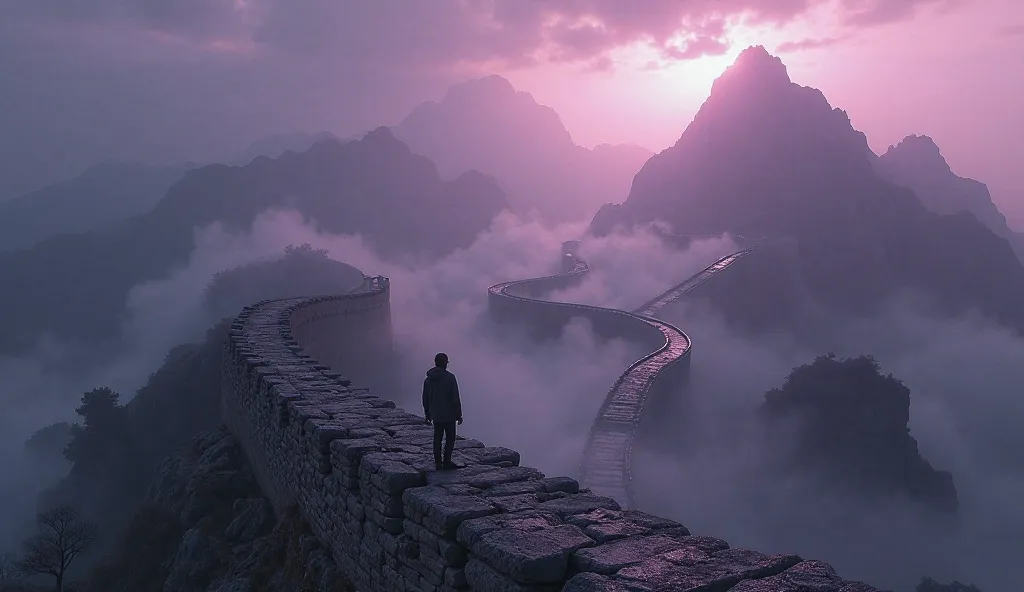 "A mesmerizing and eerie scene of the Great Wall of China winding through the mountain peaks, appearing almost alive. The Wall twists and turns, its massive stones seemingly slithering through the jagged terrain like a colossal serpent. The stone is dark, ...