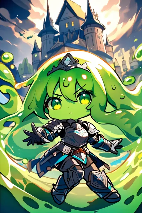 masterpiece, best quality, absurdres, slime girl, 1girl, chibi, serious, (armor:1.2), green skin, slime hair, solo, castle, safe