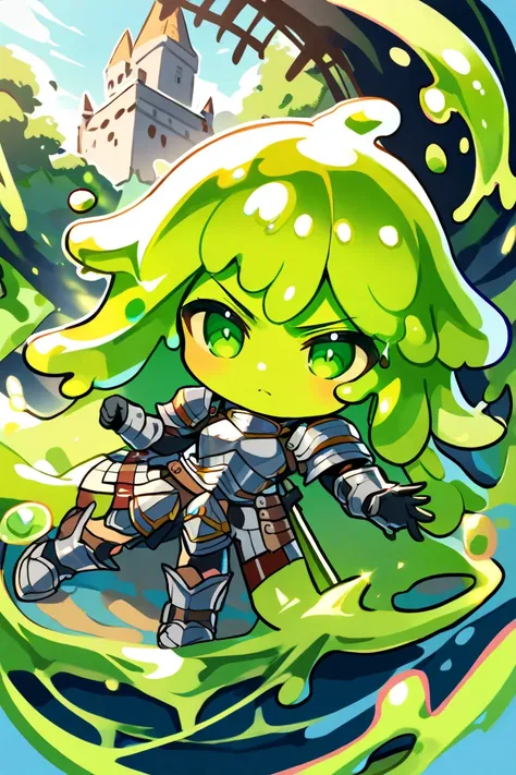 masterpiece, best quality, absurdres, slime girl, 1girl, chibi, serious, (armor:1.2), green skin, slime hair, solo, castle, safe