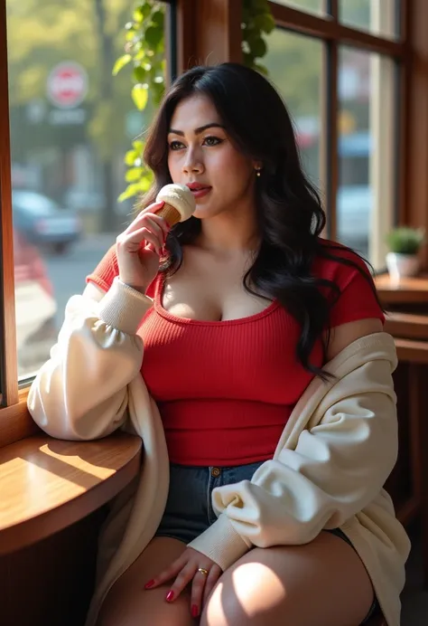 Potrait photo realism of beauty plump korean woman sitting and eating ice cream(plump muscle:1.5) busty body, at coffeshop , sunbathing in this afternoon , melancolic romantic, casual outfit wearing red top white satin cardigan and long span anc using whit...