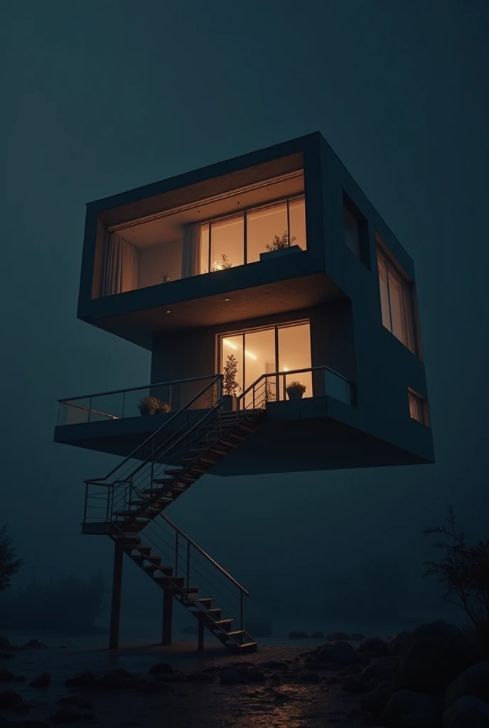  A dramatic, cinematic view of a modern two-story rectangular house, with larger ground floor and smaller first floor floating in complete darkness. An external, minimalist metal staircase leads to the first-floor entrance. The house is illuminated by a su...