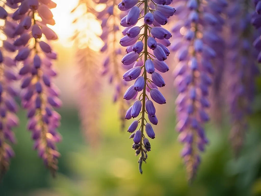 A close-up of vibrant purple wisteria flowers cascading gracefully from twisting vines, bathed in soft golden sunlight. The delicate petals glow against a blurred green background, creating a dreamy floral scene.