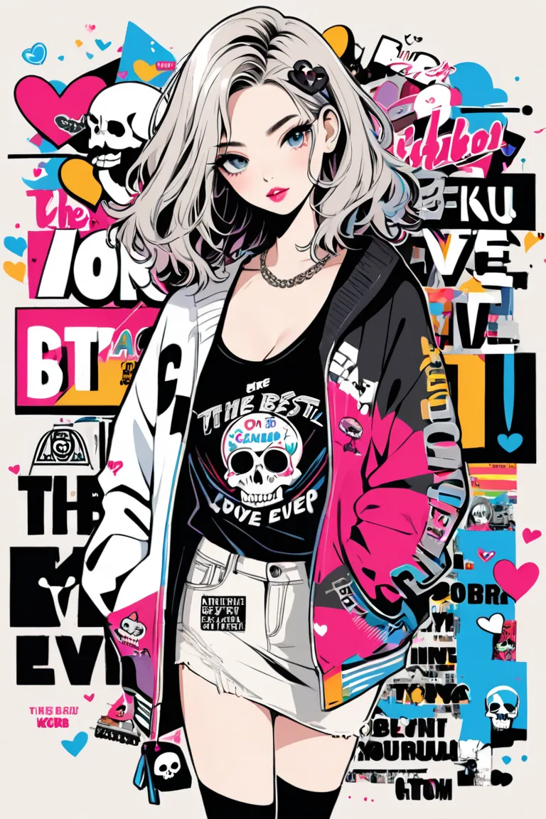 Ultra-realistic EDUARDO KOBRA style, Simple line acronym abstract art, stylish design,  the best beautiful girl ever, Female university student , skull fashion, Lips in love, whole body