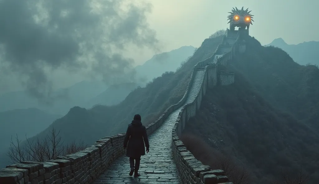 "An awe-inspiring and mystical scene where the Great Wall of China, stretched across the mountains, begins to take on the form of a massive dragon. The Wall twists and spirals like a great serpent, its stone sections shaped like the body of a dragon coilin...