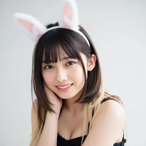  long hair, There are two-tone bangs for blond and black hair、Longer long hair、 light background、Black maid outfit、rabbit ear headband、twin tail