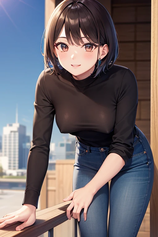 High image quality, high quality,short hair, ( brown pretty eyes, Sparkling Eyes , Fine grain),smile, top quality, denim pants with open front,   raise your face,slender,  small breasts, forward leaning position,lean forward,  