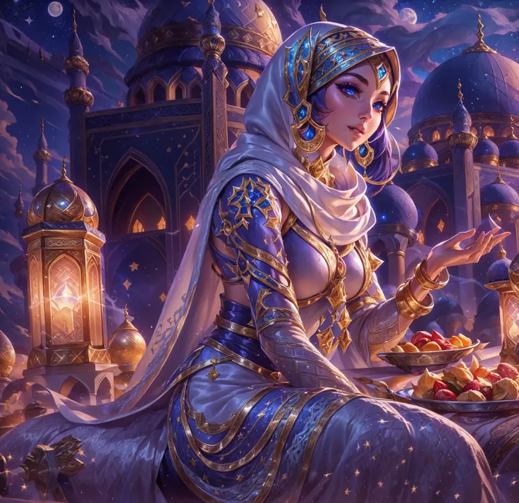 league of legend  , a beautiful girl, with a white hijab, eating at a table full of food, with a mosque, a moon and stars in the background at night