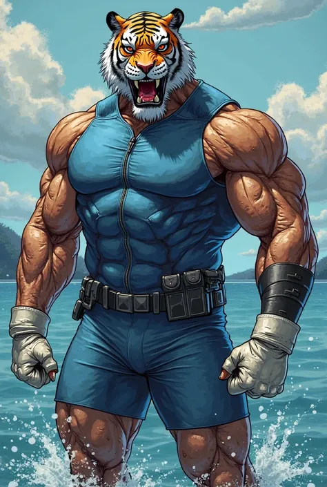 (A rugged beefy extremely muscular bulky old man), (wearing blue fully-zipped wetsuit with short swimming pants that shows his muscular thighs), (wearing realistic roaring tiger mask), thumbs up,  wearing bulky scuba gear, muscular physique, toned muscles,...