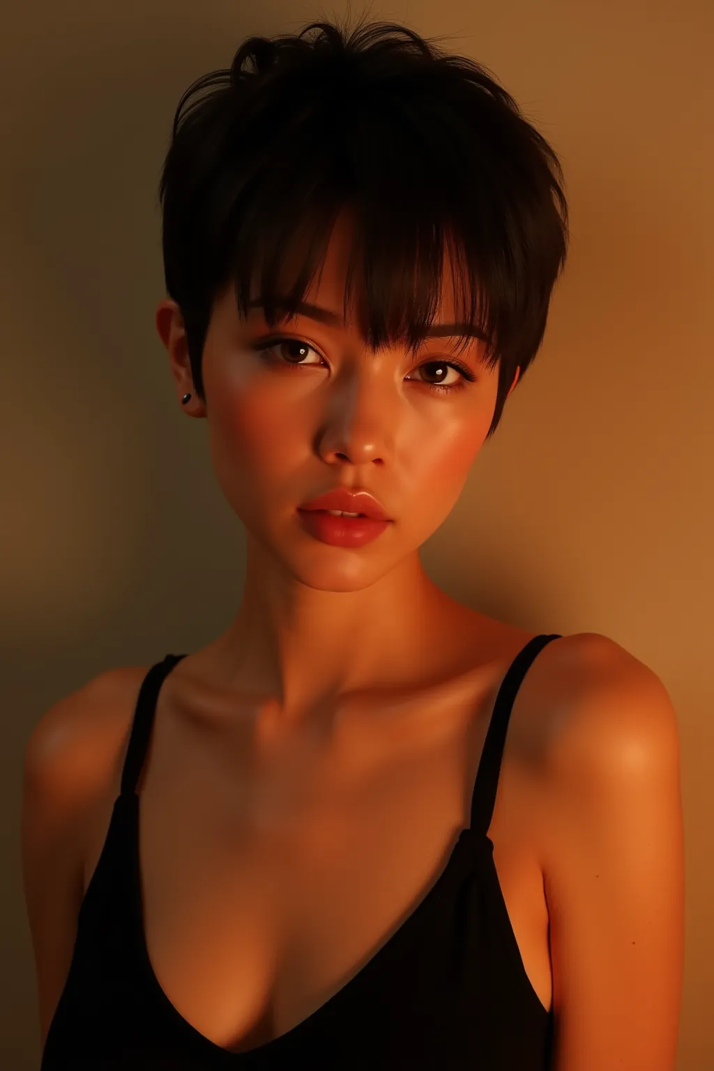 Sexy young girl, short pixie, no wave and long bangs that cover one side of the eye, sexy nape, black tank tops, straight and neatly styled, photorealism1.4, soft lighting, warm color tones, 8k 