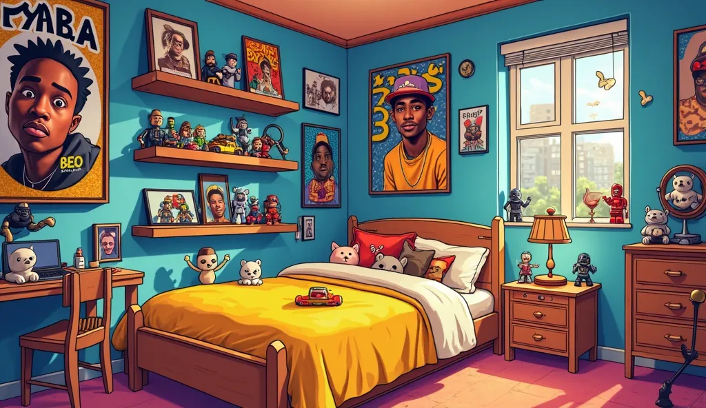 Cartoon style of a 's room with diverse posters ranging from hip-hop to 2Pac, Snoop Dogg, Ice Cube, 50cent, Eazy-E and Eminem. Also with posters of Fast & furious, Transformers, Steel giants, Iron Man and Star Wars. On the shelves are some LEGO figures fro...