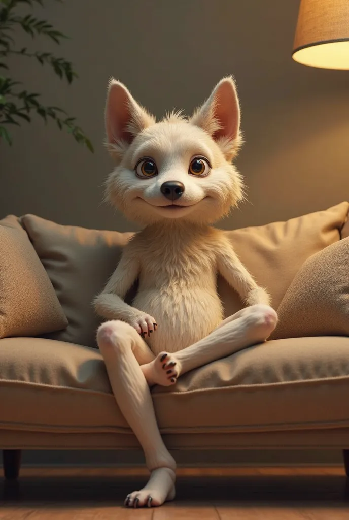 A man sitting on a couch his legs crossed but has dog head  and animate the image 