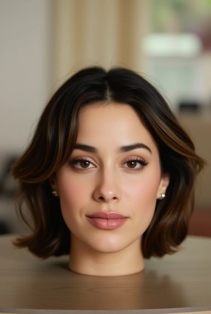 Photo of pretty 20 year old woman's disembodied head sitting on a table. Medium lenth hair. Smug facial expression. Gorgeous face. She has an expressive smug face. Disembodied head sitting on table. Natural lighting. Living room background.
