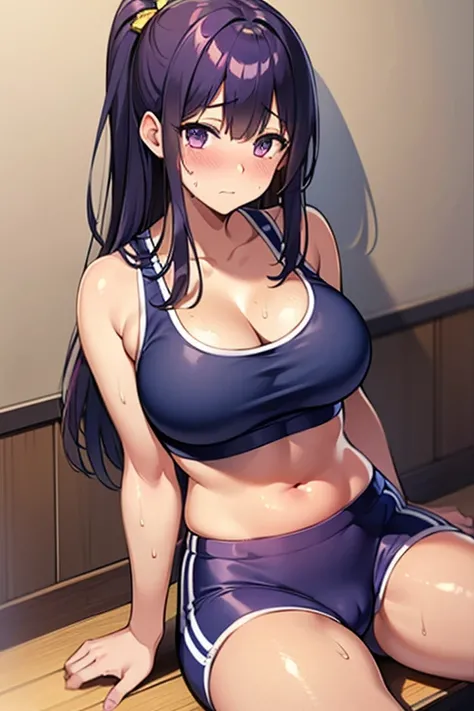 Best quality, high resolution, 1 Japanese girl, purple hair 1.3, shiny brown skin, sweaty 1.4, tanned skin 1.5, big breasts, a little chubby, sitting and bending forward, gym clothes, navy blue bloomers 1.5, thighs, embarrassed expression, hall background