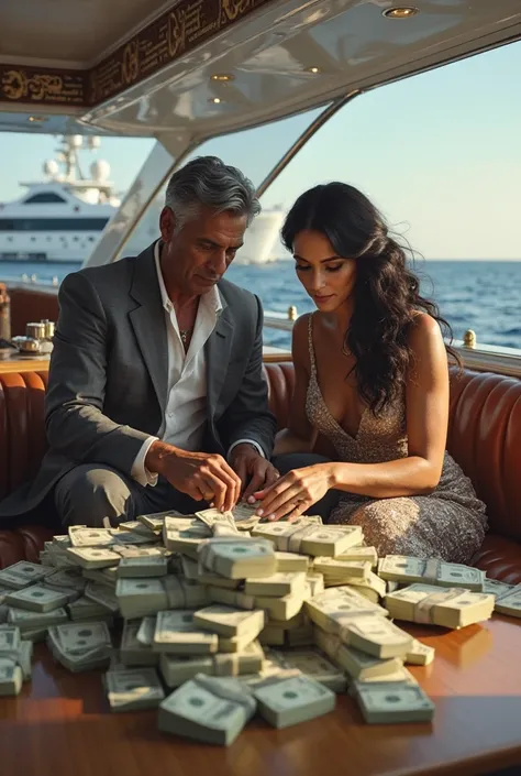 Brown man and black-haired white woman on a private yacht counting money 